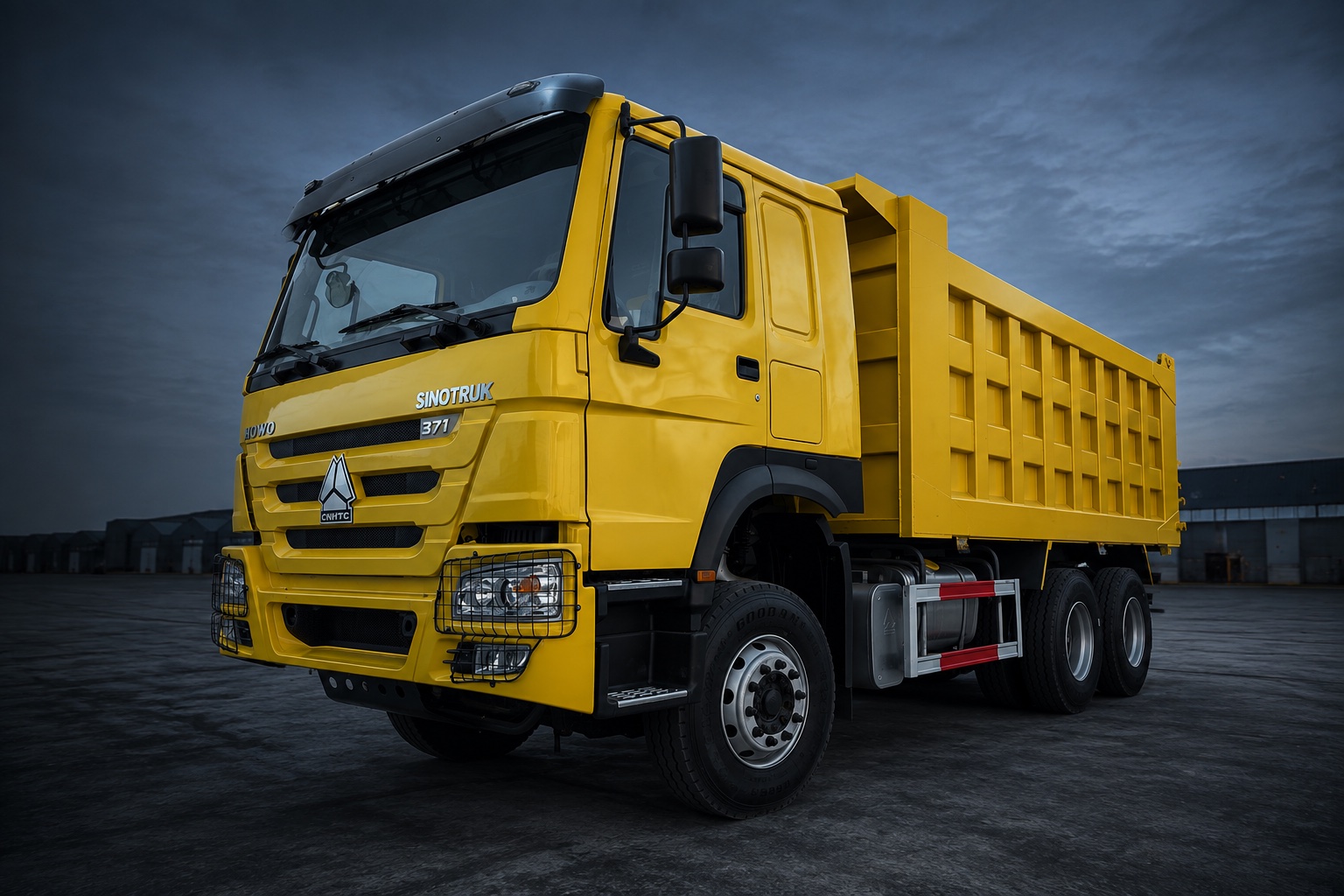 Yellow HOWO 371 6x4 square-box dump truck — illustrative studio image