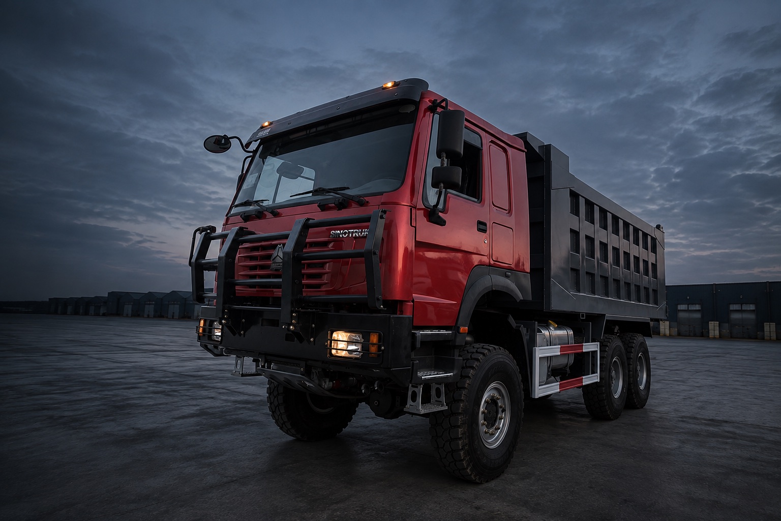 HOWO 6x6 all-wheel drive dump truck with red cab and grey tipper body — illustrative studio image