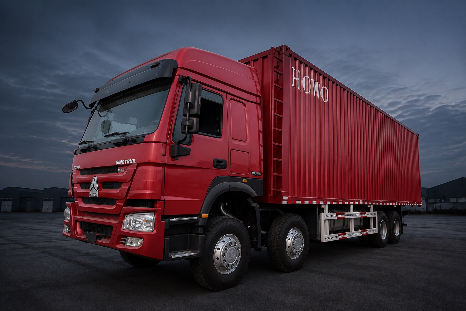 Red HOWO 371 8x4 box van truck — illustrative studio image