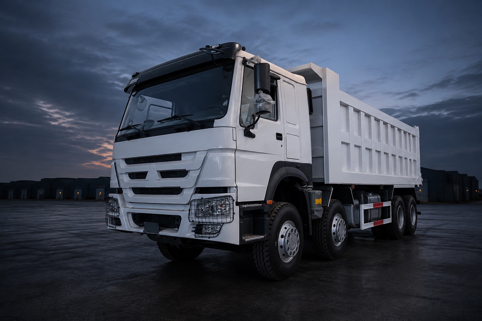 White HOWO 371 8x4 dump truck — illustrative studio image