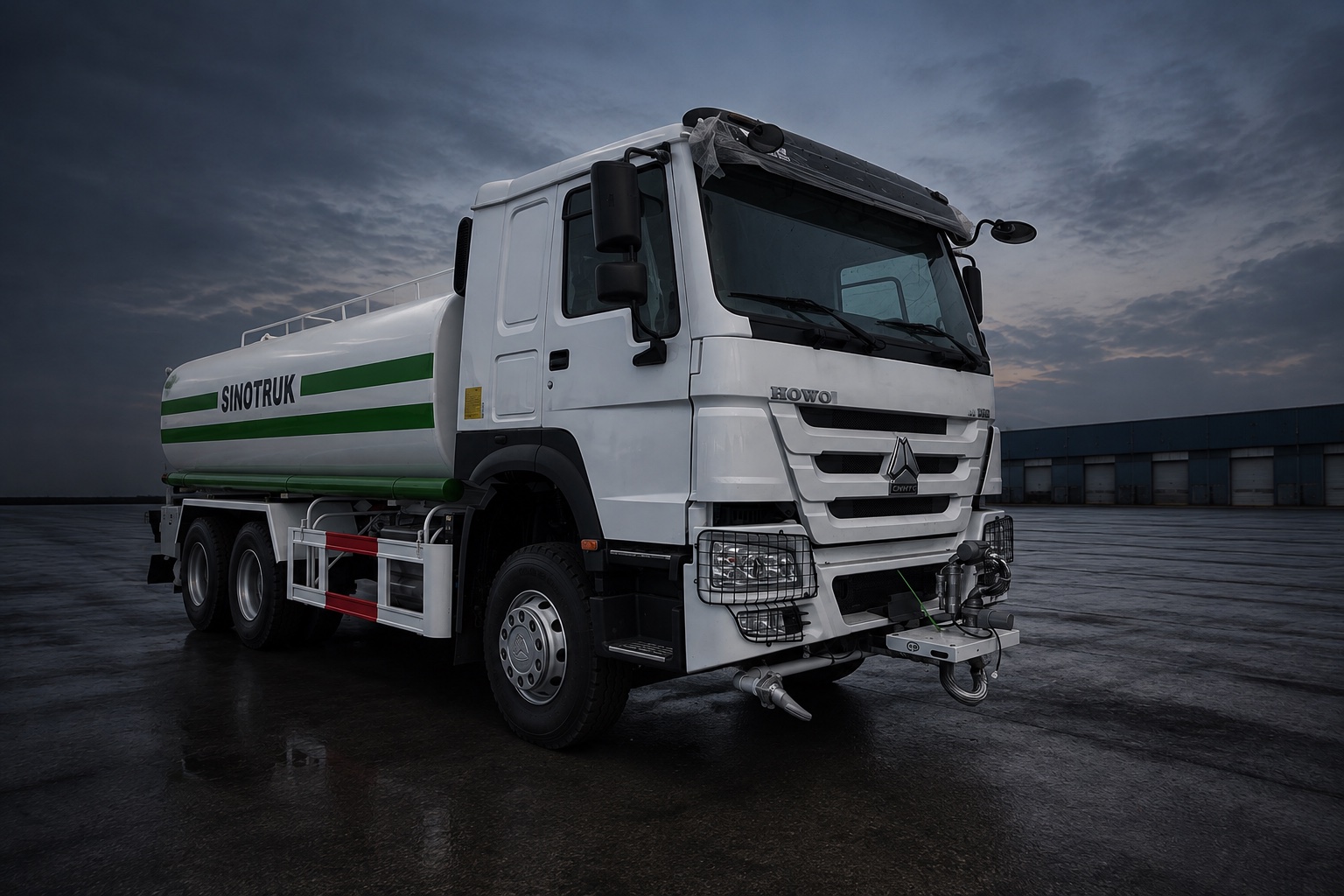 HOWO 6x4 water sprinkler truck with green-striped tank — illustrative studio image