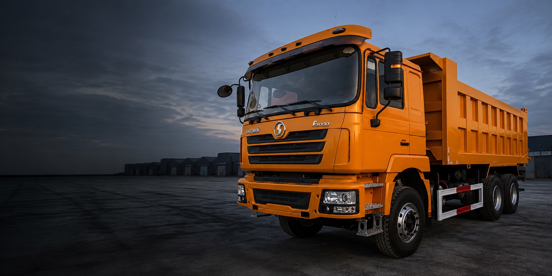 Orange SHACMAN F3000 dump truck in a cinematic logistics-yard setting, based on our vehicle photo