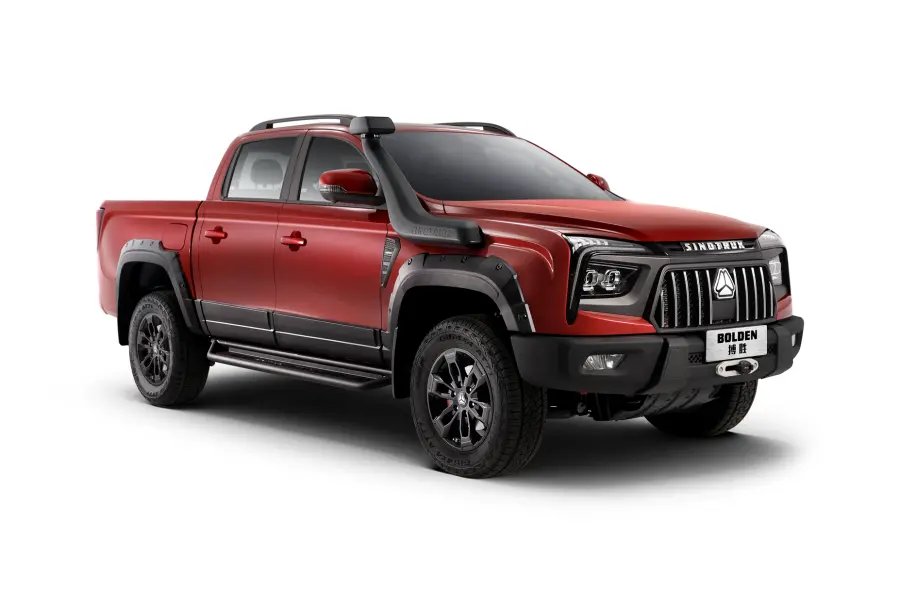 SINOTRUK BOLDEN S9 pickup truck front 45 degree red off-road studio view