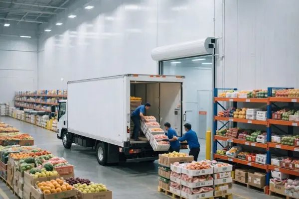 HOWO refrigerated truck loading fresh produce in cold chain warehouse