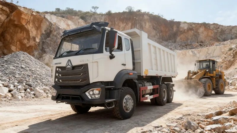 HOWO NX 6×4 dump truck hauling crushed stone in a Ghana quarry with WD615.47 371HP engine and 8+6 mm body